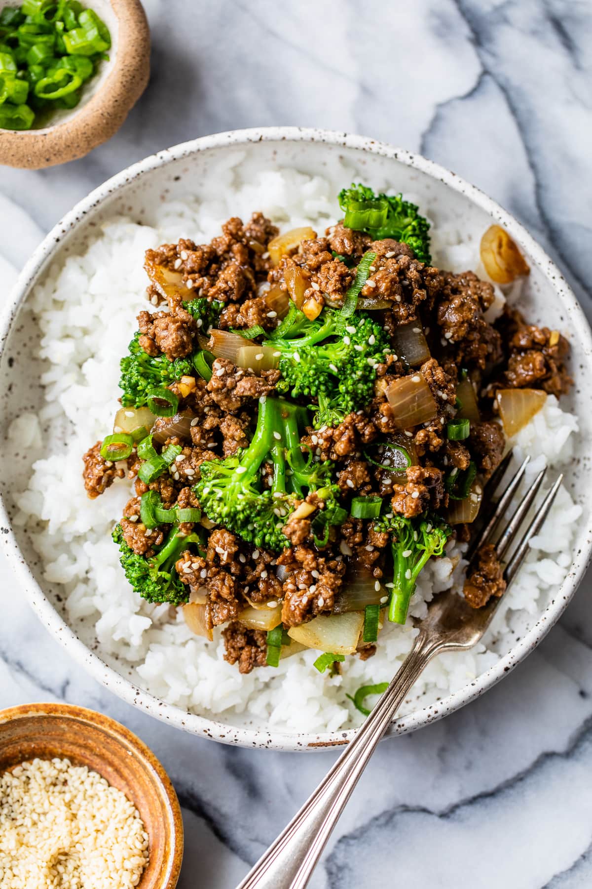 Carne moída e brócolis com arroz em um prato com garfo